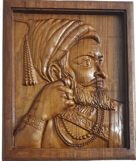 Picture of Shree Chhatrapati Shivaji Maharaj - Wooden Statue - Natural Wood - Carving - 12 * 12 inch | Shivan Wooden Frame