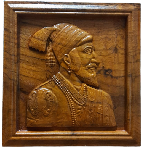 Picture of Shree Chhatrapati Shivaji Maharaj - Wooden Statue - Natural Wood - Carving - 12 * 12 inch | Shivan Wooden Frame